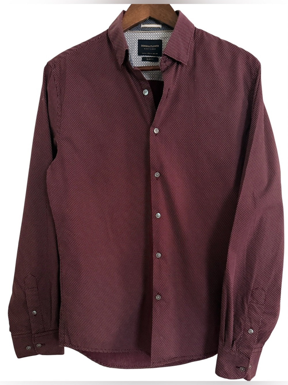 Denim & Flower Men's Burgundy Microdot Slim Fit Cotton Button-Down Shirt, Size M